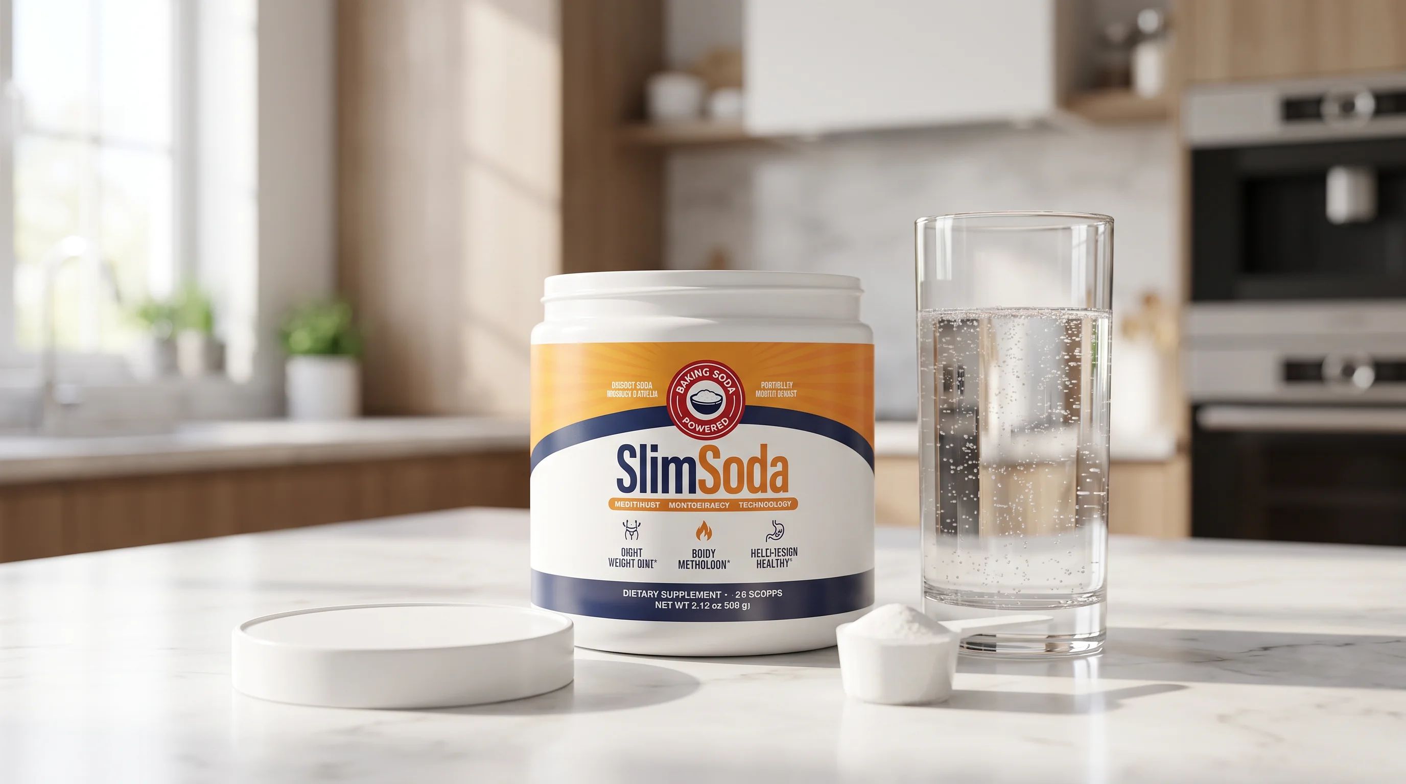 Clean product shot of a SlimSoda tub and scoop beside a glass of fizzing water on a bright kitchen counter