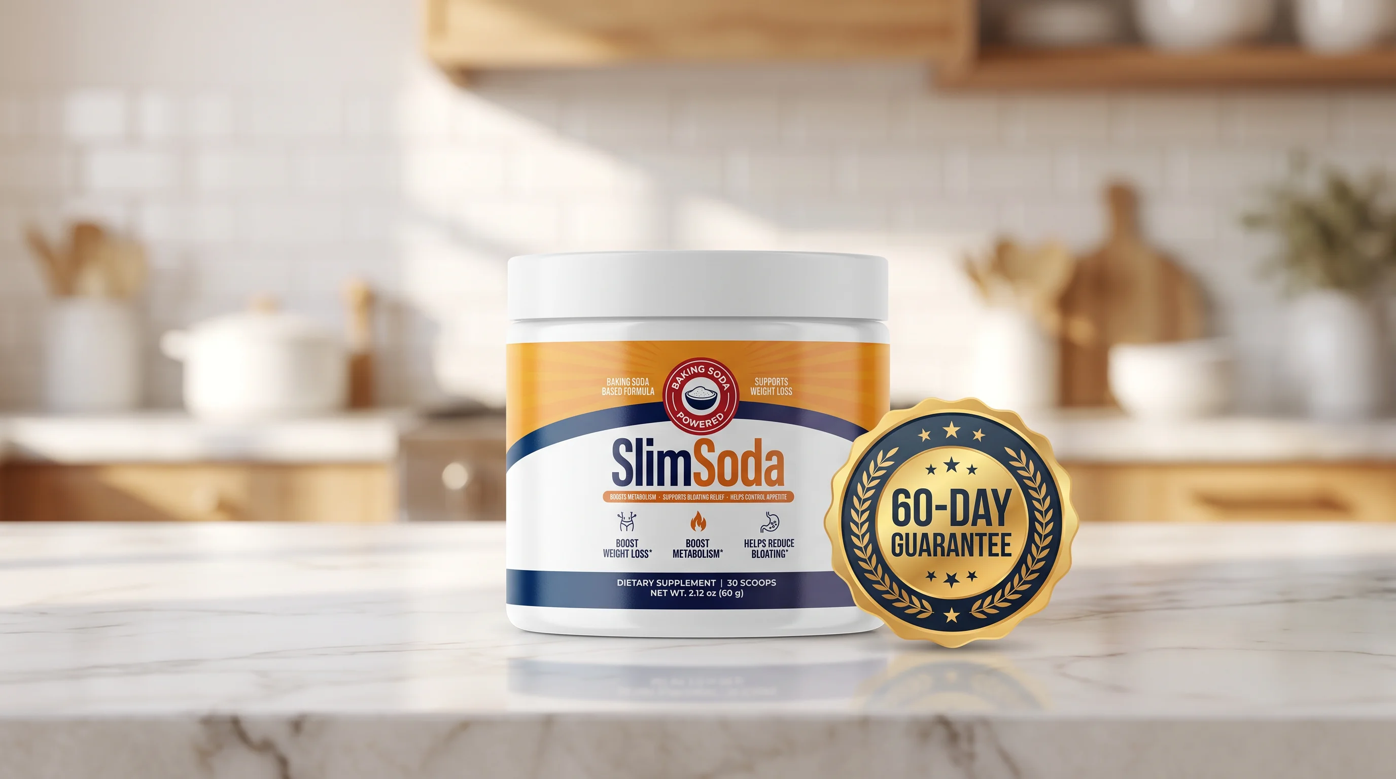 60-day money-back guarantee badge next to a SlimSoda tub