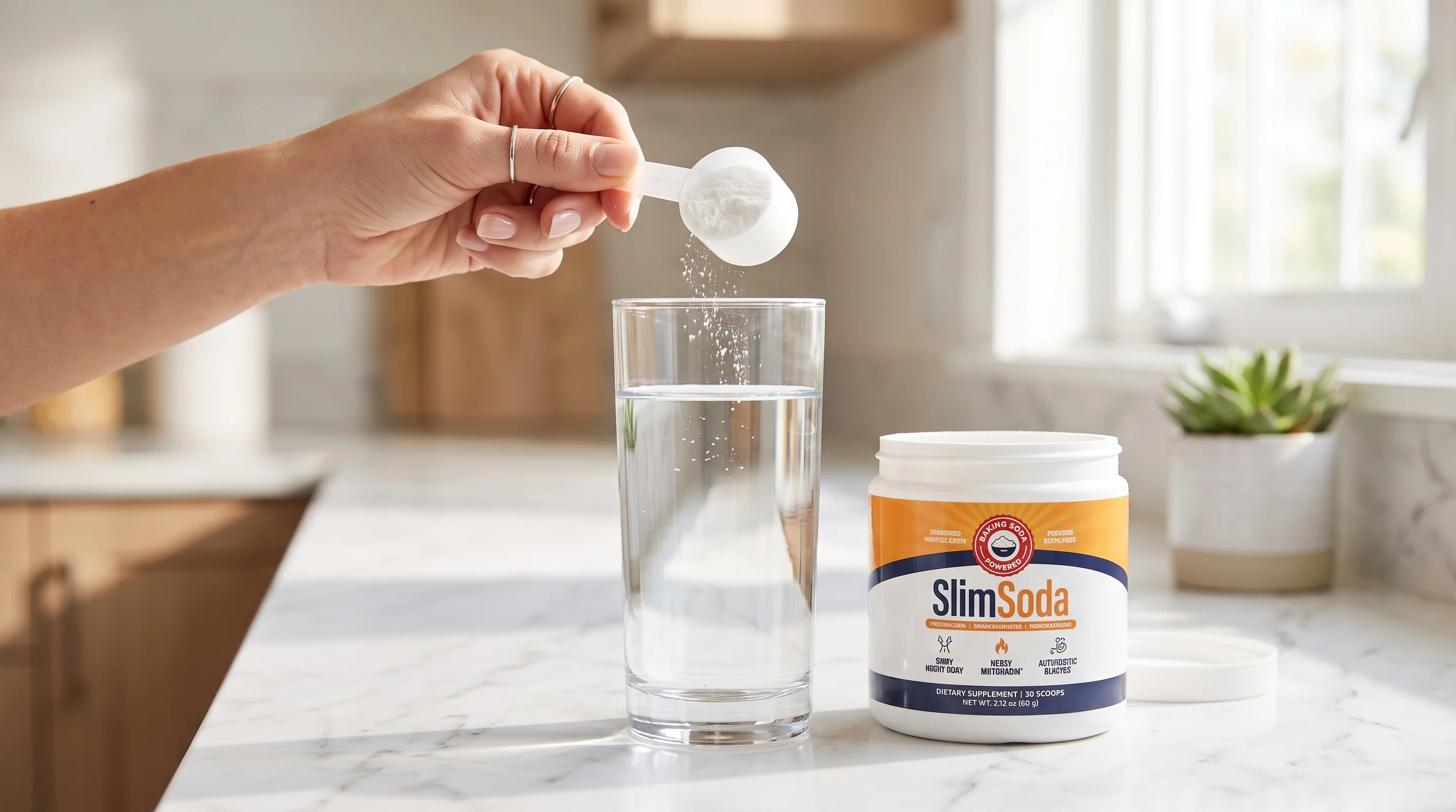 A hand scooping SlimSoda powder into a glass of water on a sunny morning kitchen counter